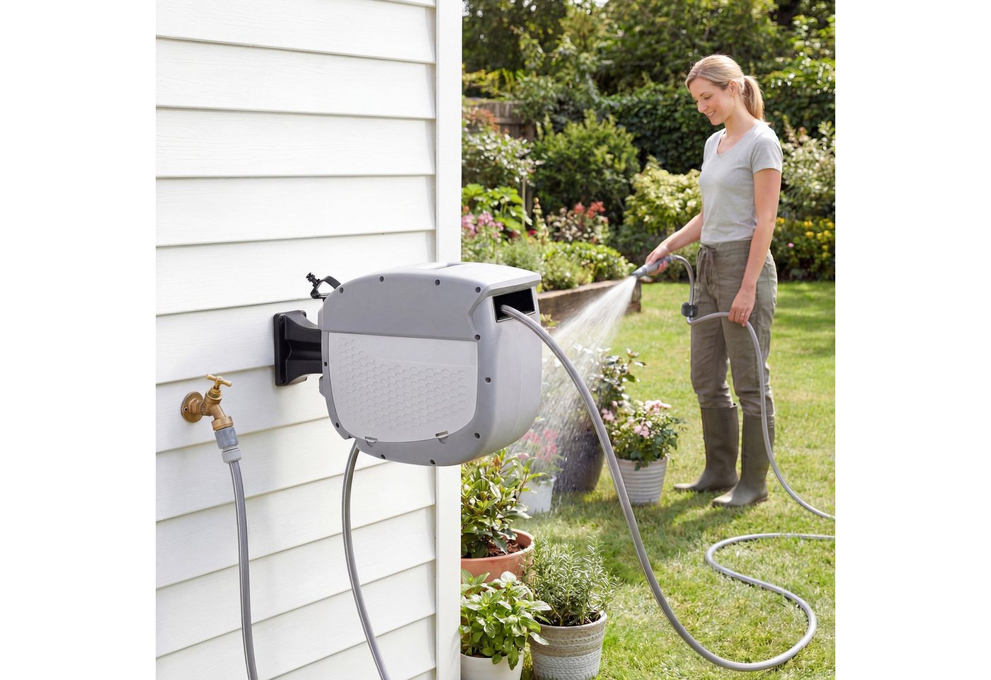 Outsunny Schlauchtrommel Gartenschlauch 20 m, 180° schwenkbar Wasserschlauchaufroller, (Schlauchaufroller, 1-tlg., Schlauchbox), Grau Bild 5