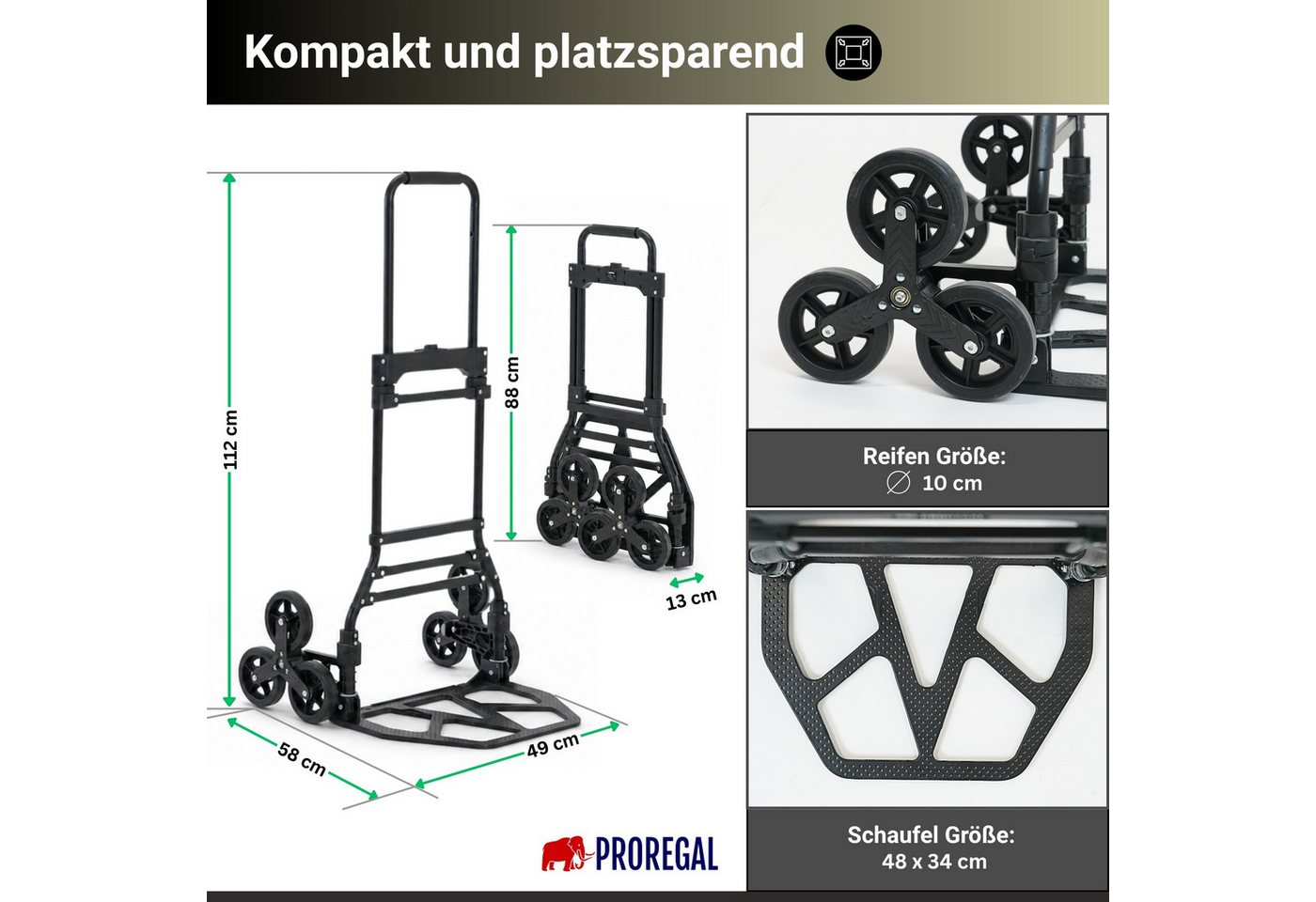 PROREGAL® Sackkarre ELEPHANT mit Profi-Alu-Rahmen klappbar ergonomisch Vollgummibereifung, Klappbare Sackkarre Transportkarre Staplerkarre hohe Traglast