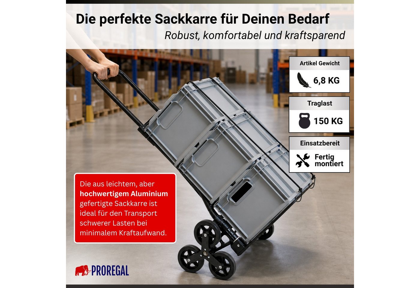 PROREGAL® Sackkarre ELEPHANT mit Profi-Alu-Rahmen klappbar ergonomisch Vollgummibereifung, Klappbare Sackkarre Transportkarre Staplerkarre hohe Traglast Bild 4