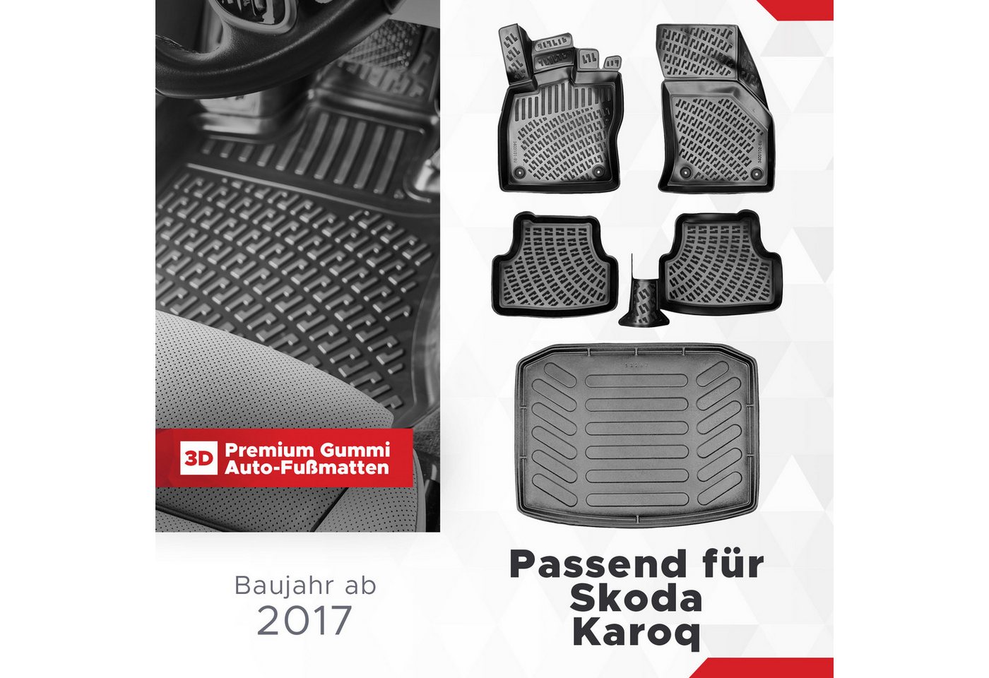 fussmattenprofi.com Auto-Fußmatten 3D Auto Gummimatten&Kofferraumwanne passend für Skoda Karoq 2017-2026