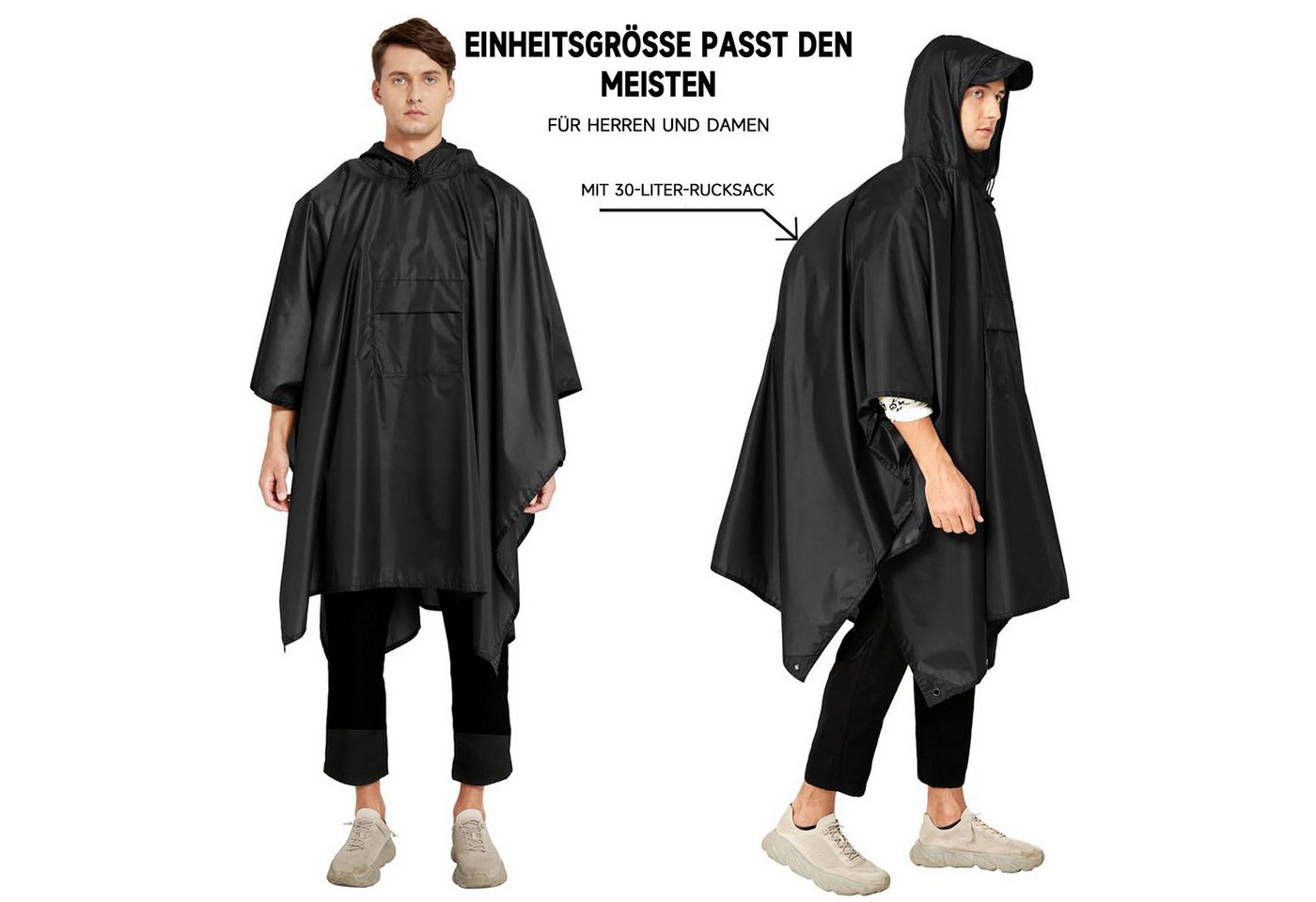 MOPUEA Regenmantel Regenponcho Regenjacke Wasserdicht Größe Regenponcho160×210 cm (Leicht, Faltbar) 3-in-1 Outdoor Poncho mit Kapuze und Tasche