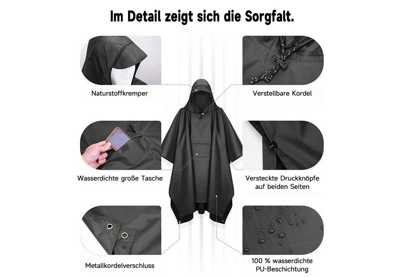 MOPUEA Regenmantel Regenponcho Regenjacke Wasserdicht Größe Regenponcho160×210 cm (Leicht, Faltbar) 3-in-1 Outdoor Poncho mit Kapuze und Tasche Bild 2