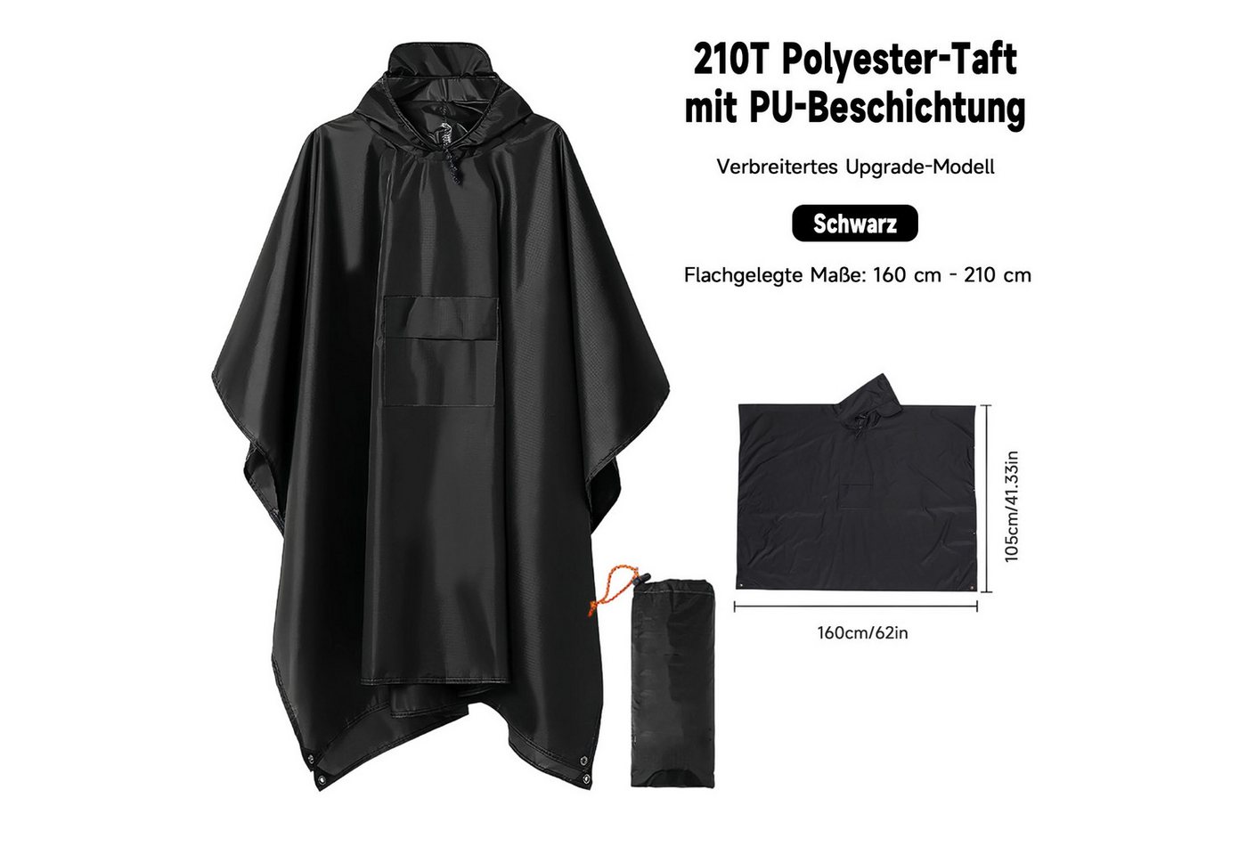 MOPUEA Regenmantel Regenponcho Regenjacke Wasserdicht Größe Regenponcho160×210 cm (Leicht, Faltbar) 3-in-1 Outdoor Poncho mit Kapuze und Tasche Bild 3