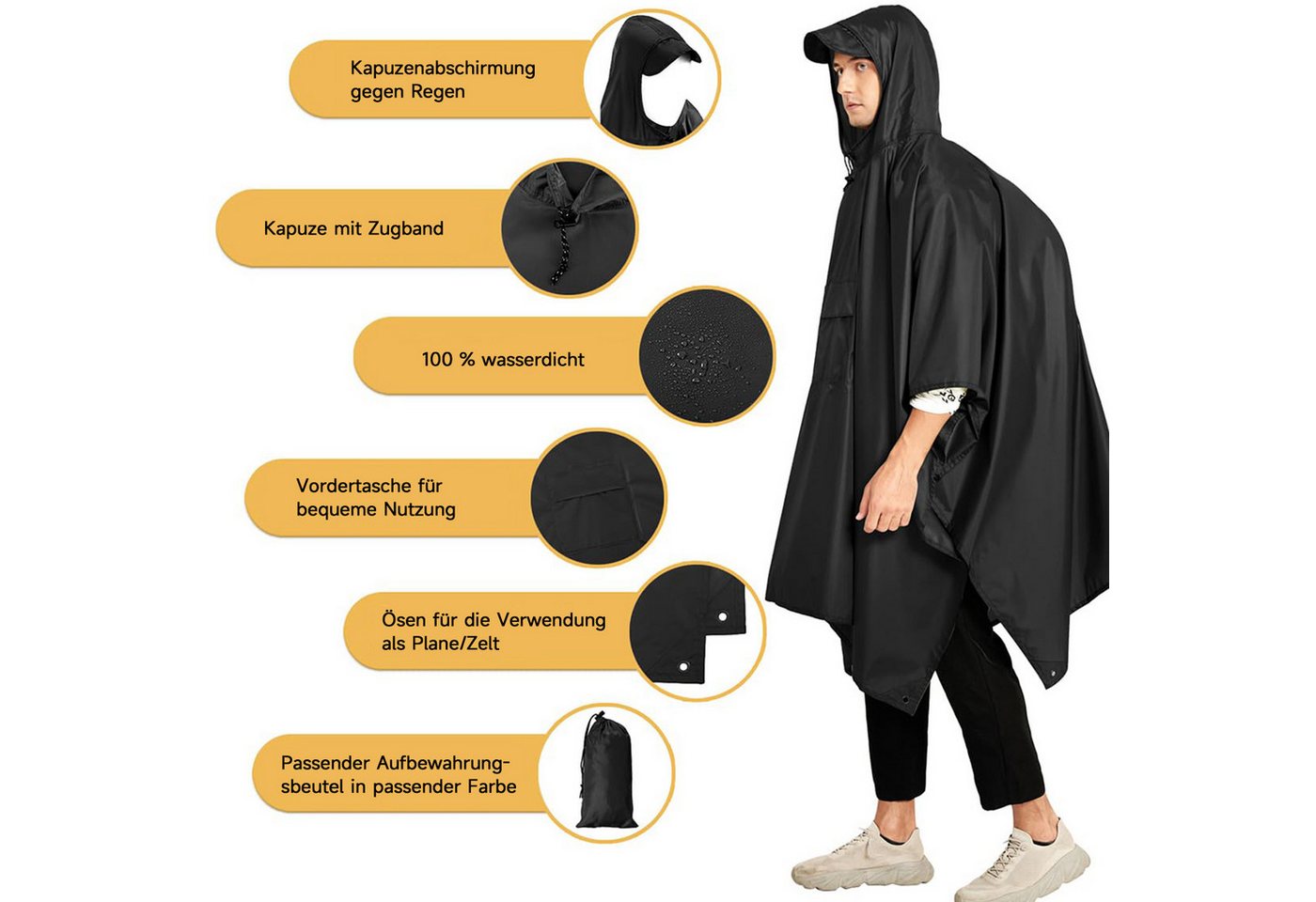MOPUEA Regenmantel Regenponcho Regenjacke Wasserdicht Größe Regenponcho160×210 cm (Leicht, Faltbar) 3-in-1 Outdoor Poncho mit Kapuze und Tasche Bild 5