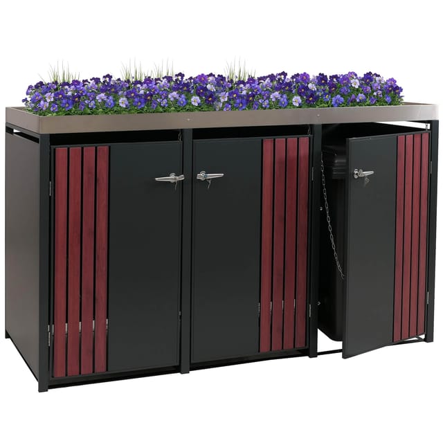 MCW 3er-Mülltonnenverkleidung O67 Anthrazit Holzoptik Dunkel 125x196x84cm