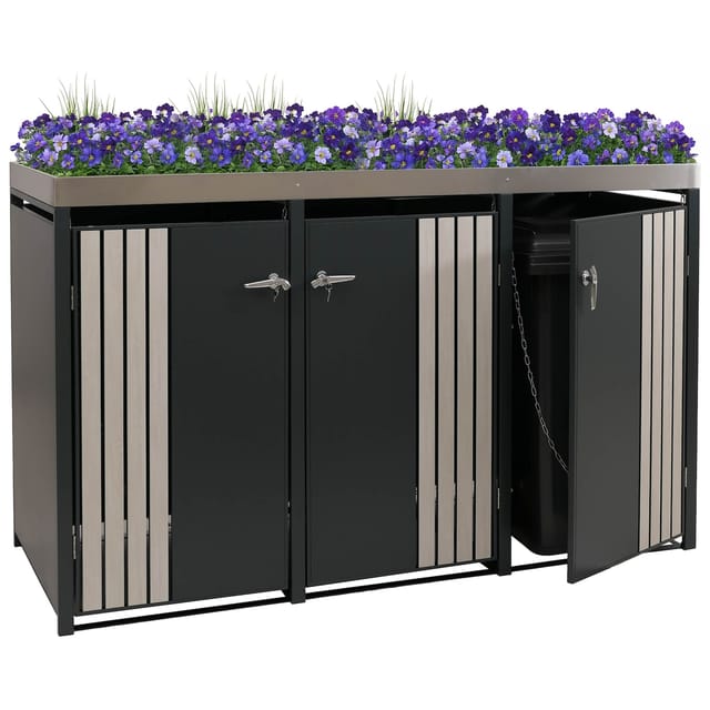 MCW 3er-Mülltonnenverkleidung O67 Anthrazit Holzoptik Hell 125x196x84cm