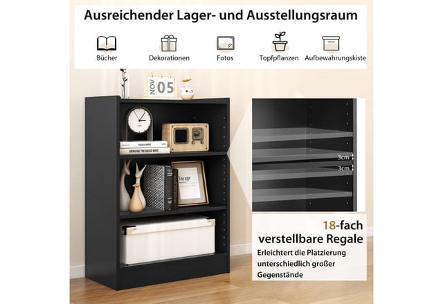 Costway Bücherregal 3 Fächer Schwarz 30 x 50 x 75 cm
