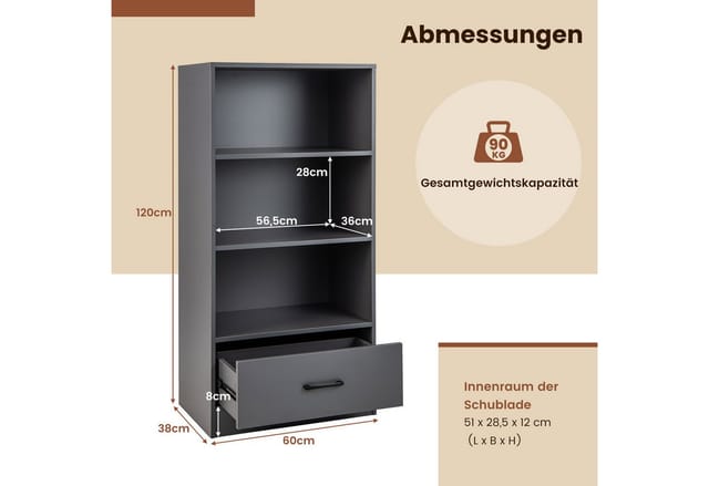 Costway Bücherregal 120 cm Grau 4 Ebenen Schubladen
