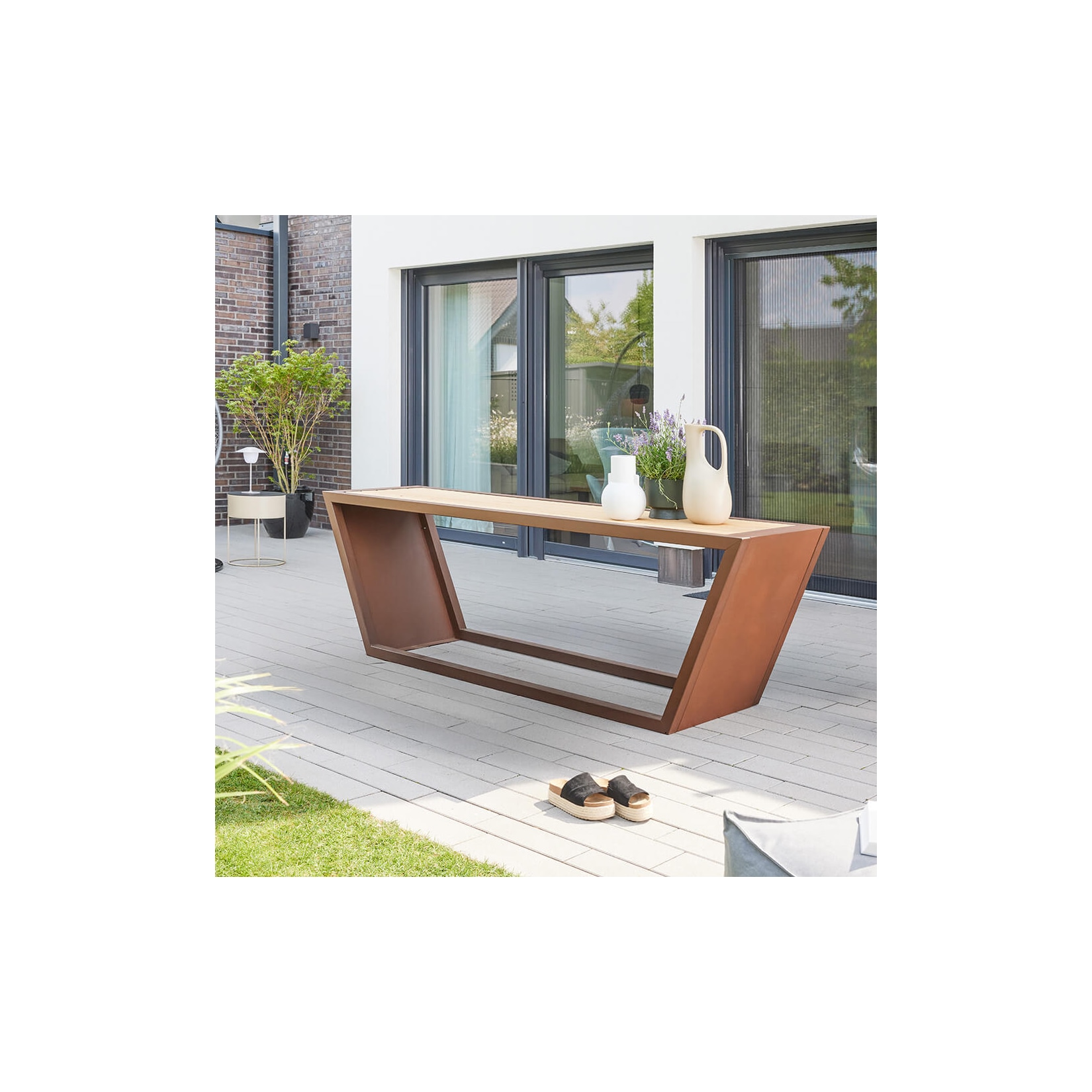 HOME DELUXE Sitzgarnitur aus Stahl KOBON Braun - Made in Germany - 2 x Bank + 1 x Tisch