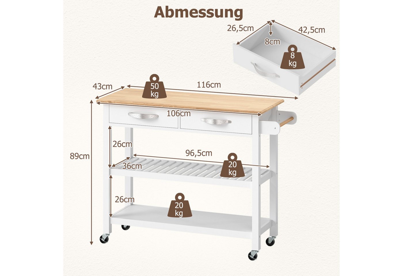 Costway Küchenwagen Holz Küchenschrank mit Rollen Weiß 116 x 43 x 89 cm Bild 2