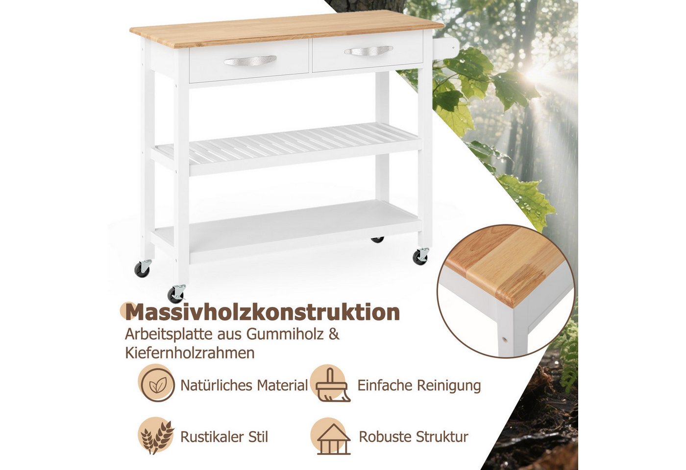 Costway Küchenwagen Holz Küchenschrank mit Rollen Weiß 116 x 43 x 89 cm Bild 3