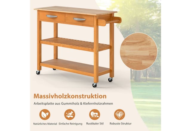 Costway Küchenwagen Holz Küchenschrank mit Rollen Natur 116 x 43 x 89 cm