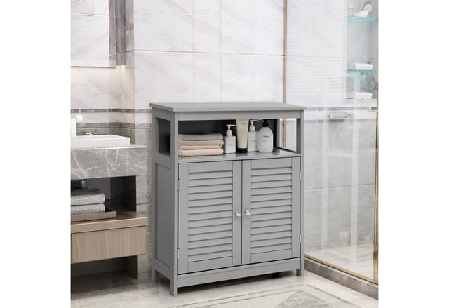 Costway Freistehender Badschrank mit 2 Rollladentüren Grau
