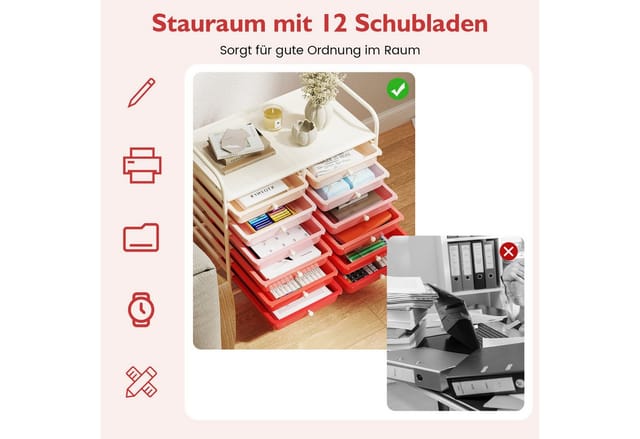 Costway Rollwagen mit 12 Stapelbaren Schubladen Badrollwagen Rosa