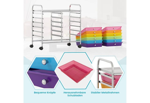 Costway Rollwagen mit 12 Stapelbaren Schubladen Transparentes Bunt