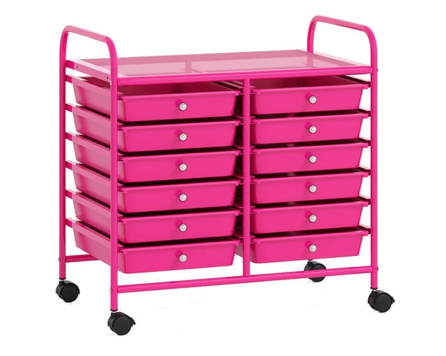 Costway Rollwagen mit 12 Stapelbaren Schubladen Badrollwagen Hot Pink