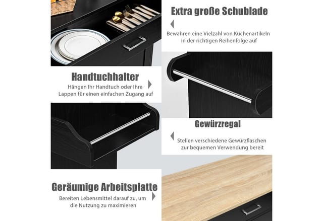 Costway Küchenwagen mit Rollen Aus Holz Schwarz 116 x 40 x 85 cm