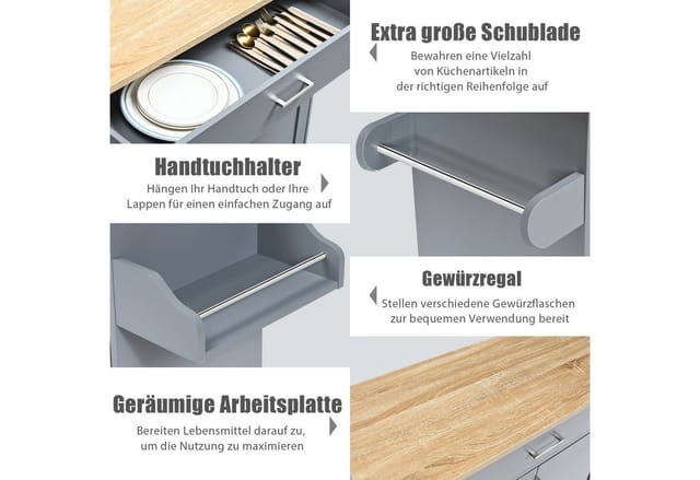 Costway Küchenwagen mit Rollen Aus Holz Grau 116 x 40 x 85 cm