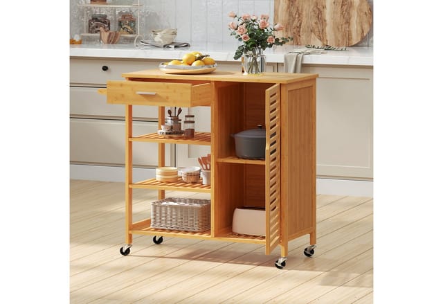 Costway Küchenwagen Bambus mit 1 Lattentür Natur 91 x 44 x 89 cm