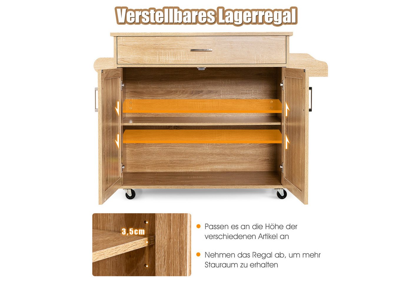 Costway Küchenwagen mit Rollen Aus Holz Natur 116 x 40 x 85 cm Bild 3