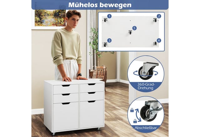 Costway Rollcontainer 4 Schubladen 2 Türen Weiß