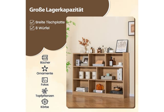 Costway Bücherregal 8 Fächern 3 Ebenen 122 x 32 x 93 cm