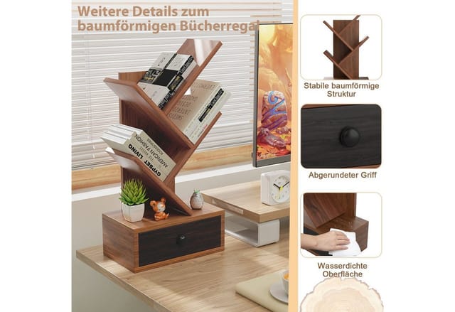 Costway Bücherregal Baumform 3-Stöckig 30 x 17,5 x 60 cm Braun