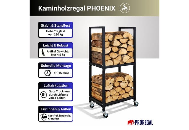 PROREGAL Kaminholzregal XS Innen & Außen Metall Mit Rollen & 2 Ebenen 82x44x28cm Schwarz Holzständer Holzhalter Kaminholzständer Brennholzregal