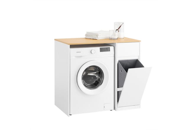 SoBuy Waschmaschinenschrank mit Wäschekorb Badezimmerschrank Weiß-Natur 100x90x60cm BZR217-WN