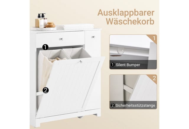 SoBuy Badezimmerschrank mit 2 Wäschekörben und Ausziehfach Wäscheschrank Weiß 78x90x38cm BZR214-W