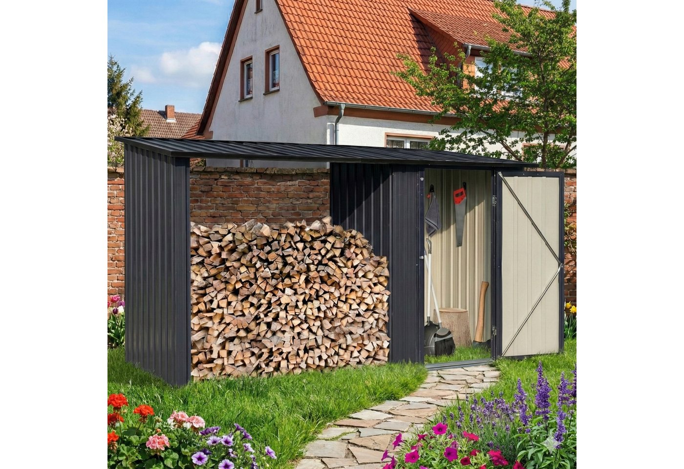 Albatros Gerätehaus M Geräteschuppen mit Holzunterstand 2.3m³ Verzinktes Metall in Anthrazit Bild 5