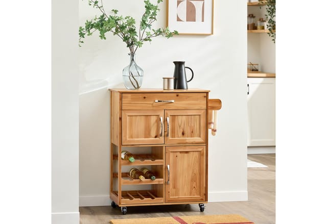 SoBuy Servierwagen Küchenwagen mit Weinregal Küchenregal Massivholz Natur 75x86x38cm FKW45-N