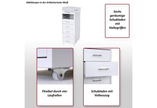 MCW Rollcontainer Preston T851 Weiß 6 Schubladen