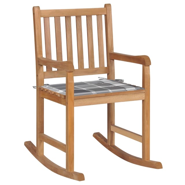 vidaXL Schaukelstuhl mit Grauem Karomuster-Kissen Massivholz Teak 3062771