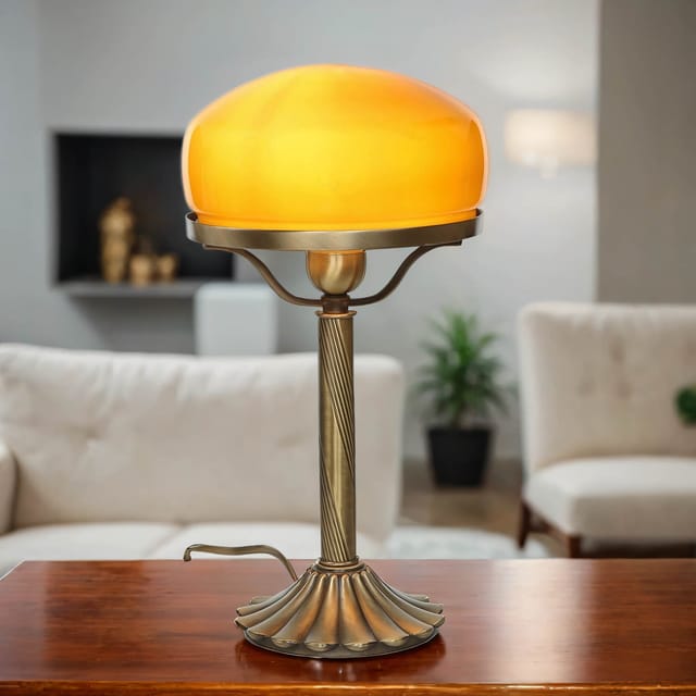 Licht-Erlebnisse Pilzlampe Jugendstil Messing Glas40,5 cm E27 In Bronze Orange