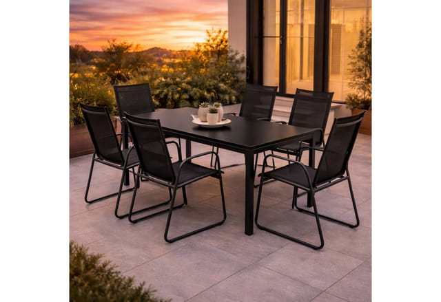 Mojawo 7tlg Outdoormöbel Set Gartenmöbel Gartengarnitur Glastisch Gartentisch 180x90cm 6 Sessel Schwarz