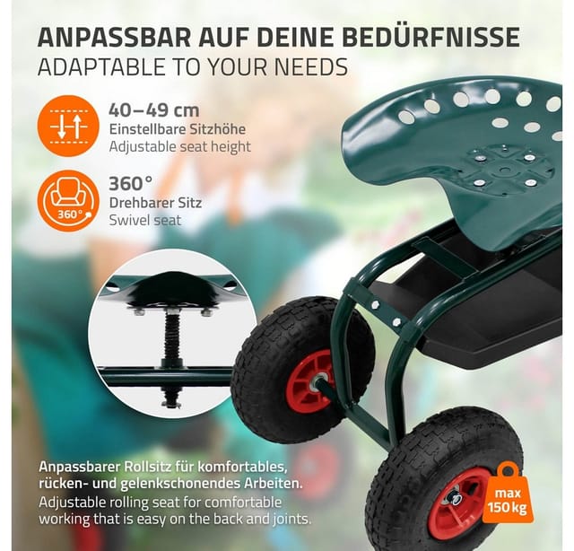 ECD Germany Gartenrollsitz Grün aus Stahl Drehbar und Höhenverstellbar