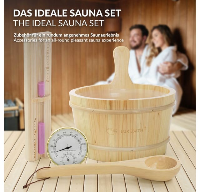 LuxeBath Saunazubehör aus Holz Eimer Kelle Thermo-Hygrometer Sanduhr