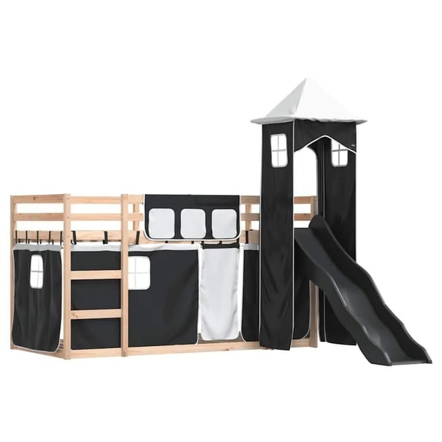 vidaXL Etagenbett mit Rutsche und Gardinen Weiß und Schwarz 80x200 cm 3284197
