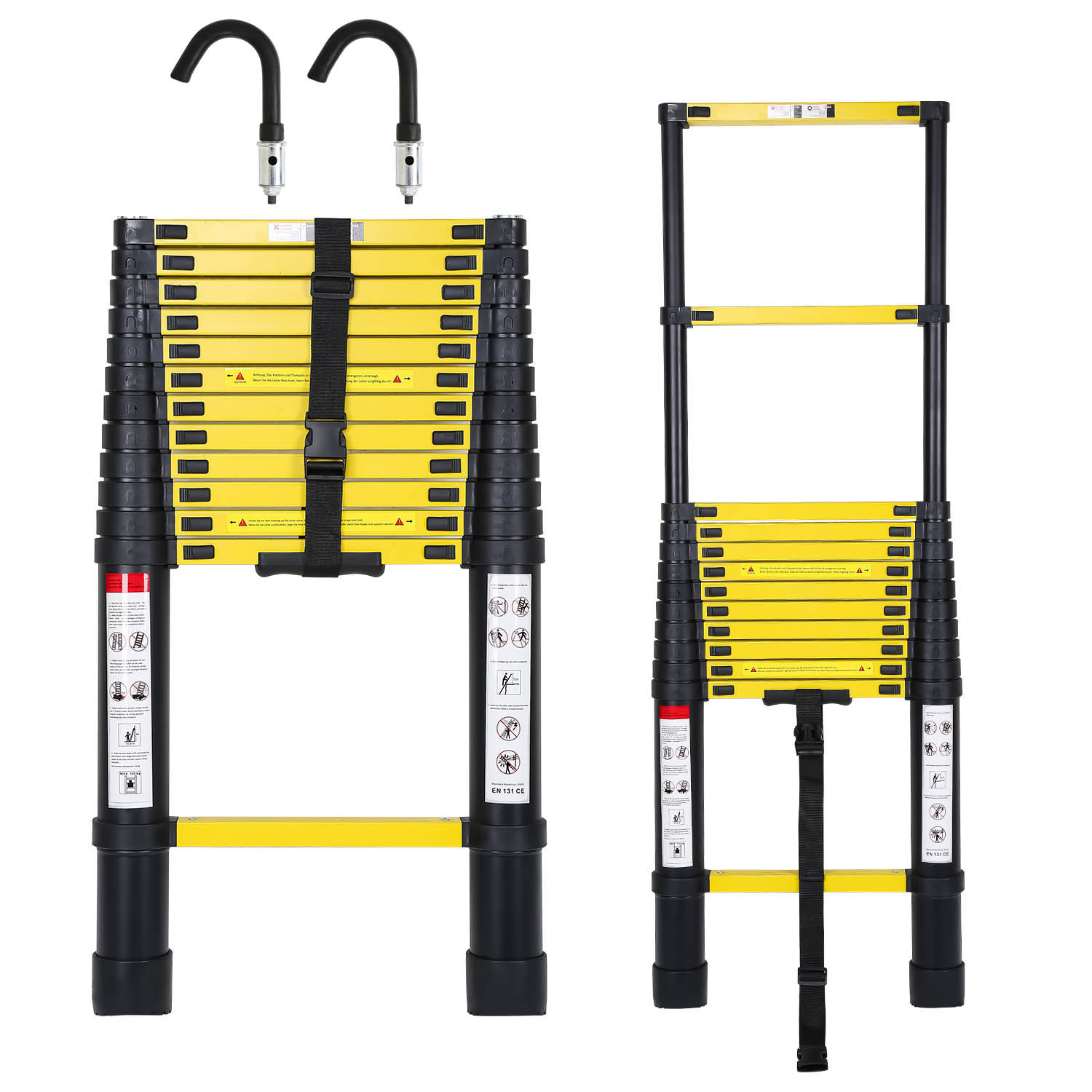Randaco Escalera Telescópica Negra Pro 3,8m Con Ganchos, 150kg, Antideslizante