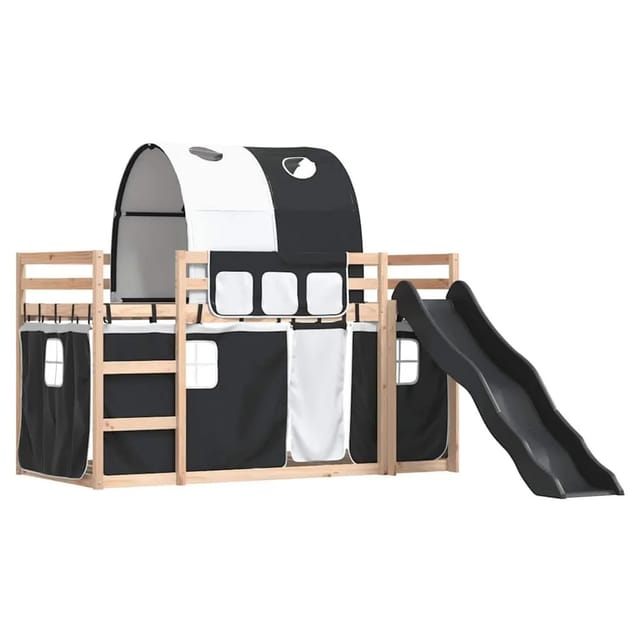 vidaXL Etagenbett mit Rutsche und Gardinen Weiß und Schwarz 80x200 cm 3284143