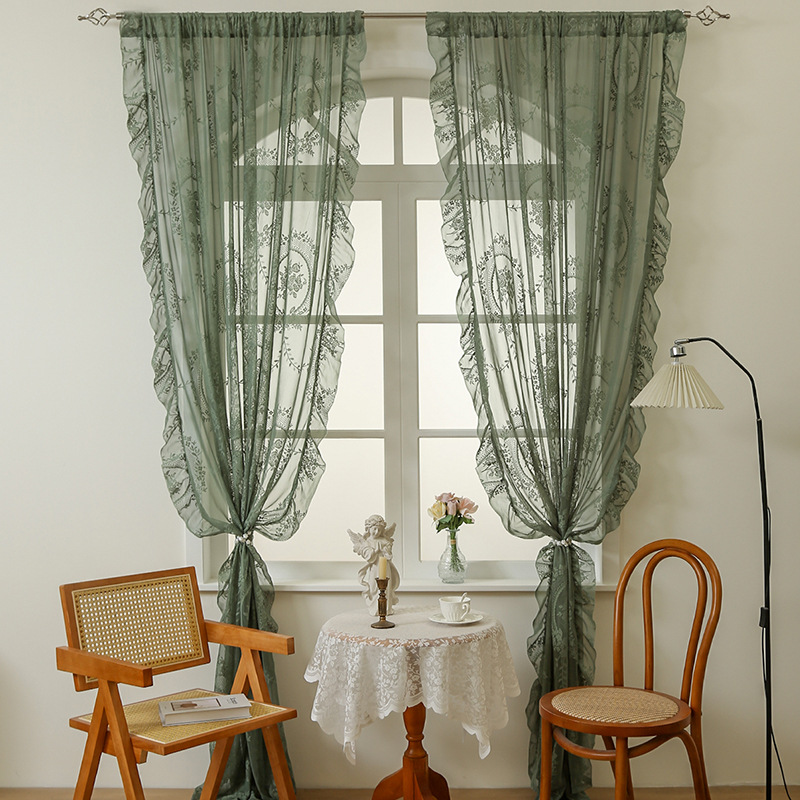 Set Aus Zwei Transparenten Gardinen, 140 X 100 Cm, Mit Stangendurchzug, Spitzengardine, Rüschensaum, Für Schlaf- Und Wohnzimmer (grün)