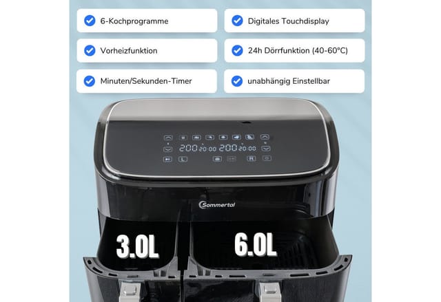 Sommertal Heißluftfritteuse HF DUAL 900 mit Doppelkammer 9 Liter