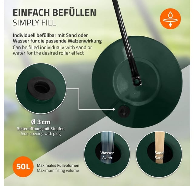 ECD Germany Rasenwalze befüllbar 50 Liter Grün aus Stahl