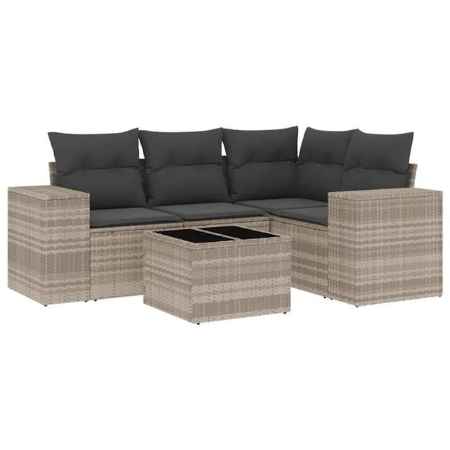 vidaXL 5-Tlg Garten-Sofagarnitur mit Kissen Hellgrau Poly Rattan 3222521
