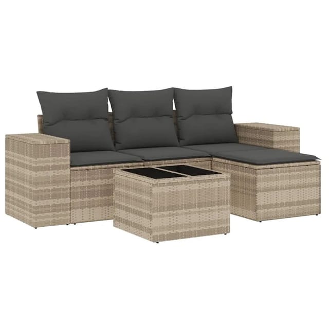 vidaXL 5-Tlg Garten-Sofagarnitur mit Kissen Hellgrau Poly Rattan 3222481