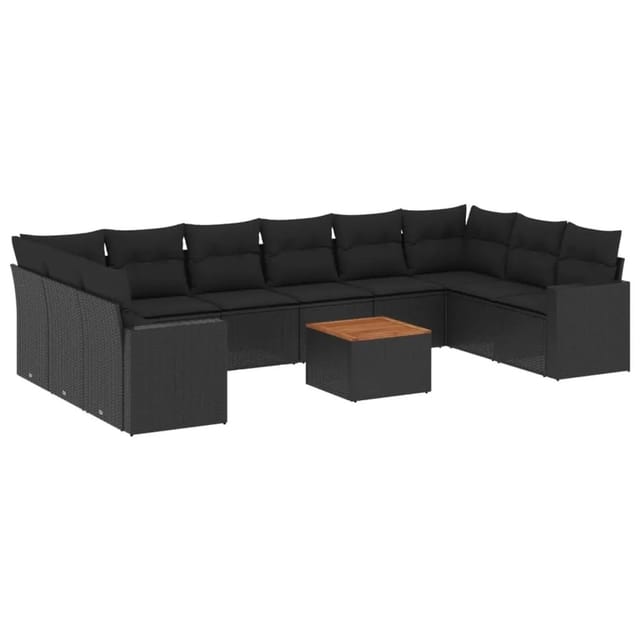 vidaXL 11-Tlg Garten-Sofagarnitur mit Kissen Schwarz Poly Rattan 3224291