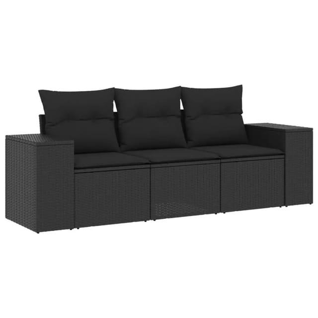 vidaXL 3-Tlg Garten-Sofagarnitur mit Kissen Schwarz Poly Rattan 3222254