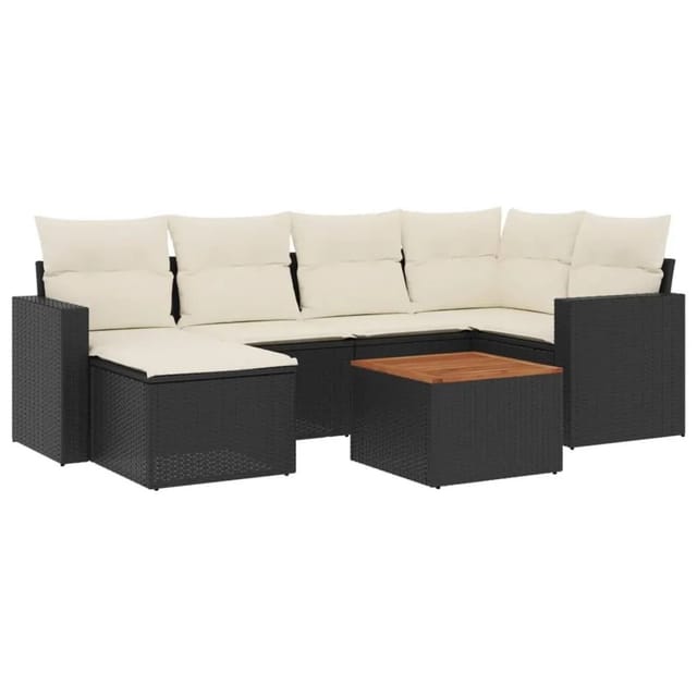 vidaXL 7-Tlg Garten-Sofagarnitur mit Kissen Schwarz Poly Rattan 3224222