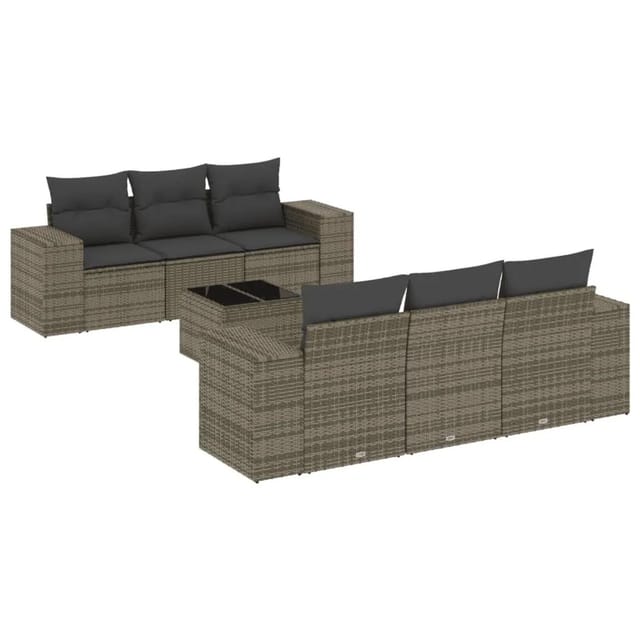 vidaXL 7-Tlg Garten-Sofagarnitur mit Kissen Grau Poly Rattan 3222309